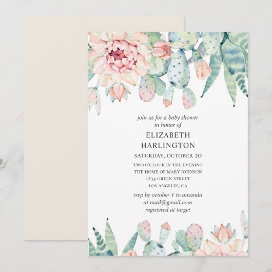Invitation Aquarelle succulents baby shower. Cactus floral (Devant / Derrière)