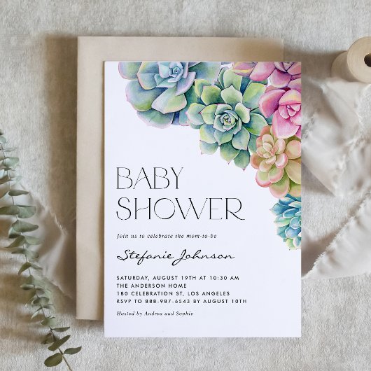 Invitation Aquarelle Succulents Baby shower d'été QR Code