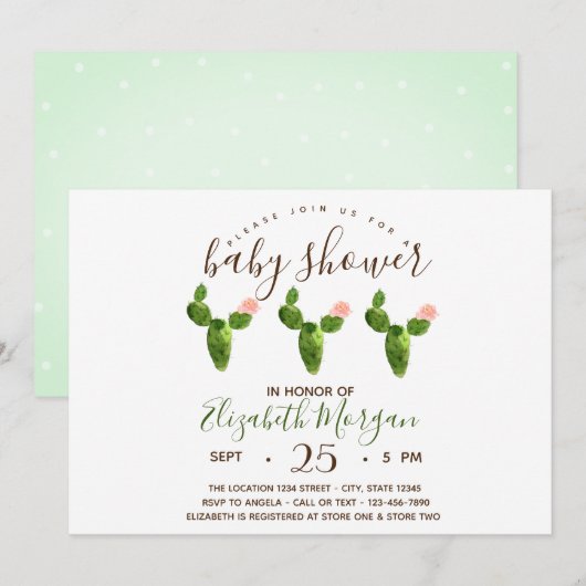 Invitation Aquarelle Succulents Baby shower Pois (Devant / Derrière)