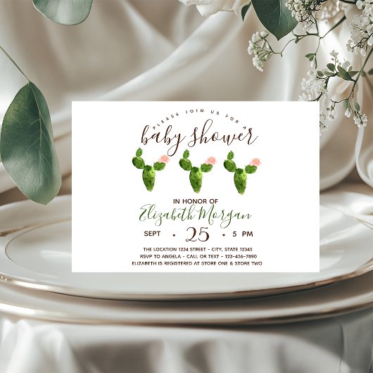 Invitation Aquarelle Succulents Baby shower Pois