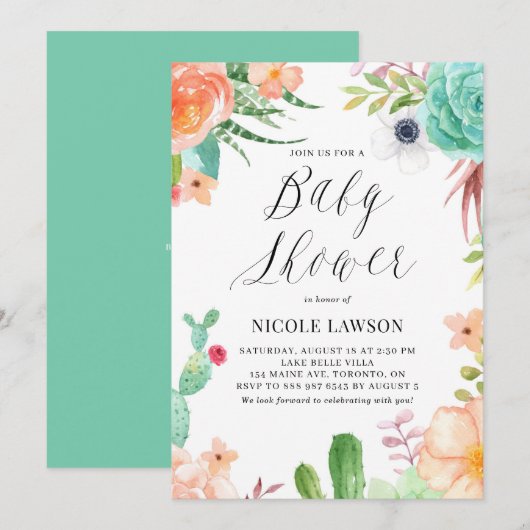 Invitation Aquarelle Succulents et Baby shower de fleurs (Devant / Derrière)