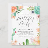 Invitation Aquarelle Succulents et Fleurs Fête Anniversaire (Devant)