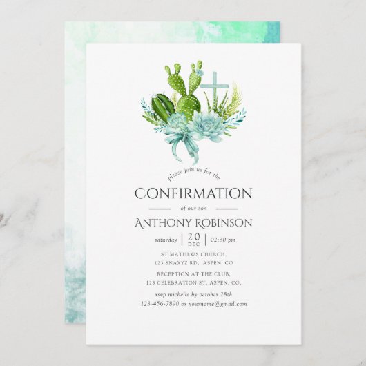 Invitation Aquarelle Succulents garçon Confirmation (Devant / Derrière)