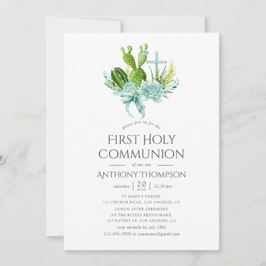 Invitation Aquarelle Succulents Garçon première sainte commun (Devant)