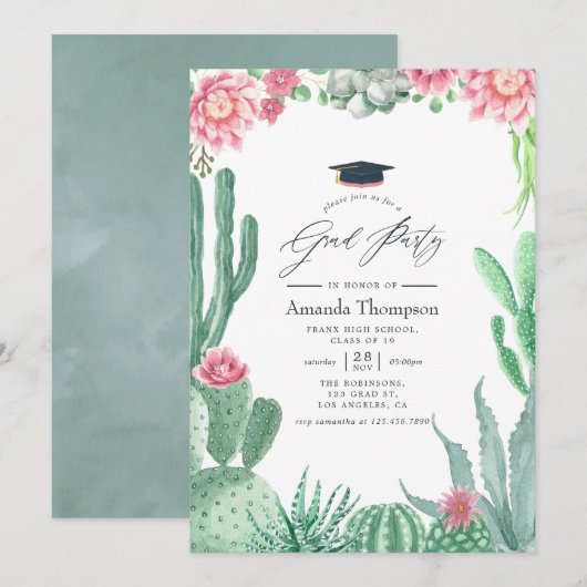 Invitation Aquarelle Succulents Graduation Party (Devant / Derrière)
