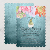 Invitation Aquarelle Succulents Oiseau Fête des mariées Turqu (Devant / Derrière)