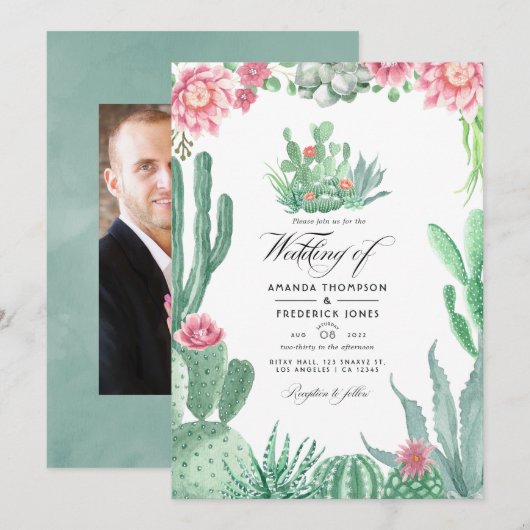 Invitation Aquarelle Succulents Photo Mariage (Devant / Derrière)