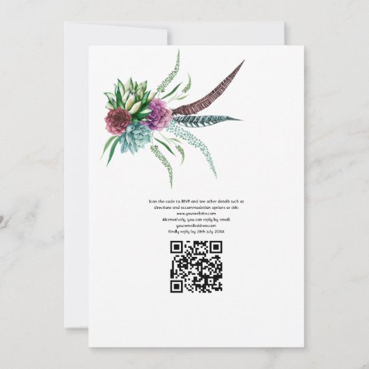 Invitation Aquarelle Succulents QR Code Mariage de Bohême (Dos)