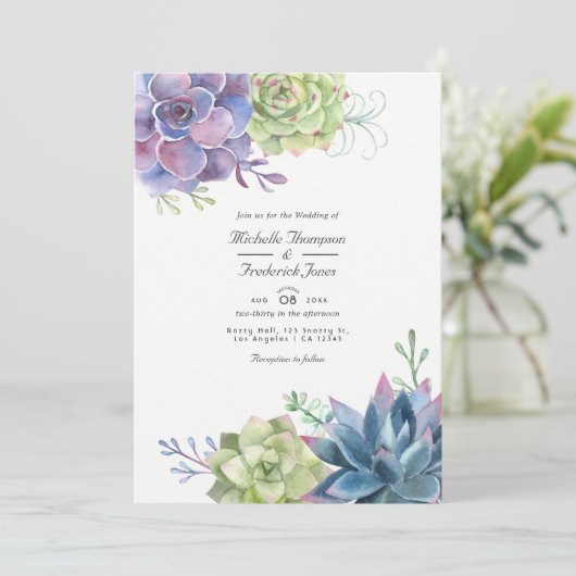 Invitation Aquarelle Succulents QR Code RSVP Mariage (Debout devant)