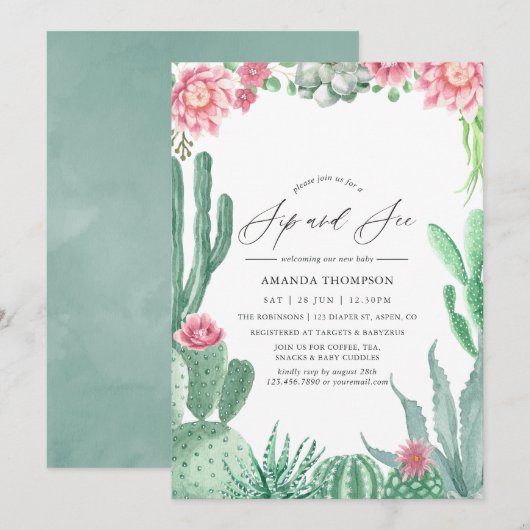 Invitation Aquarelle Succulents Sip et Voir (Devant / Derrière)