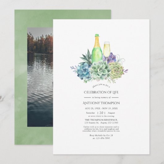 Invitation Aquarelle Succulents Vin Célébration de la vie (Devant / Derrière)