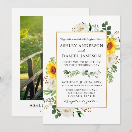 Invitation Aquarelle Sunflower Blanc Floral Mariage photo (Devant / Derrière)