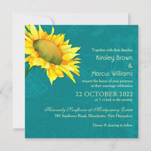 Invitation Aquarelle Sunflower Blue Jade Mariage (Devant)