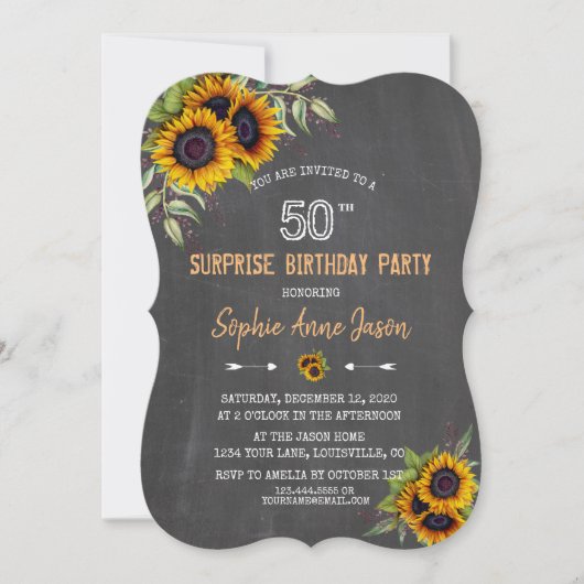 Invitation Aquarelle Sunflower Chalkboard 50 Anniversaire (Devant)