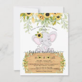 Invitation Aquarelle Sunflower & Elephant Girl Baby shower (Devant)