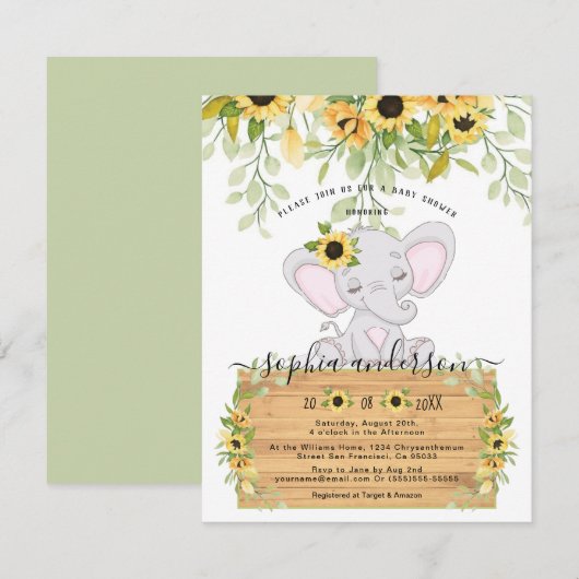 Invitation Aquarelle Sunflower & Elephant Girl Baby shower (Devant / Derrière)