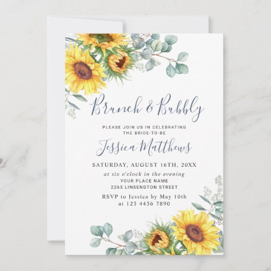 Invitation Aquarelle Sunflower Eucalyptus Brunch & Bubbly (Devant)