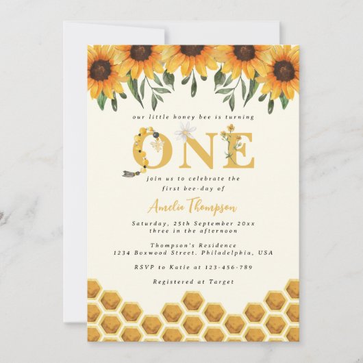 Invitation Aquarelle Sunflower Honeycomb First Bee day (Devant)