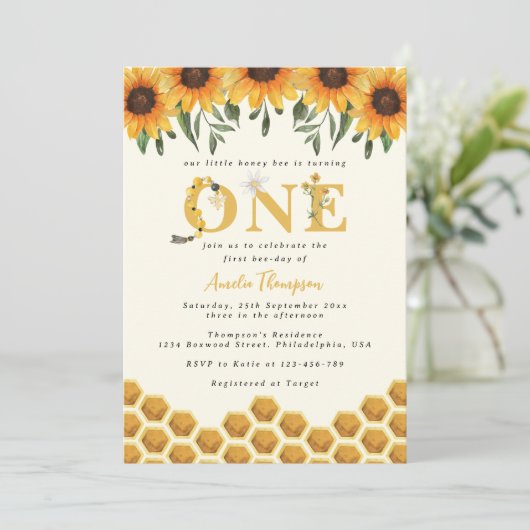 Invitation Aquarelle Sunflower Honeycomb First Bee day (Debout devant)