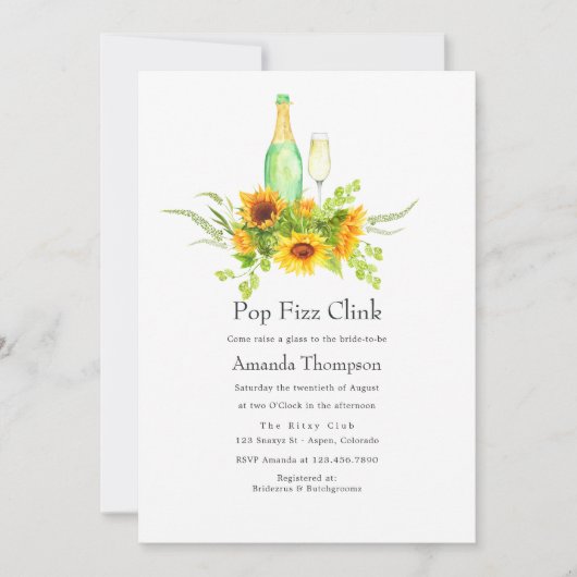 Invitation Aquarelle Sunflower Pop Fizz Clink Fête des mariée (Devant)