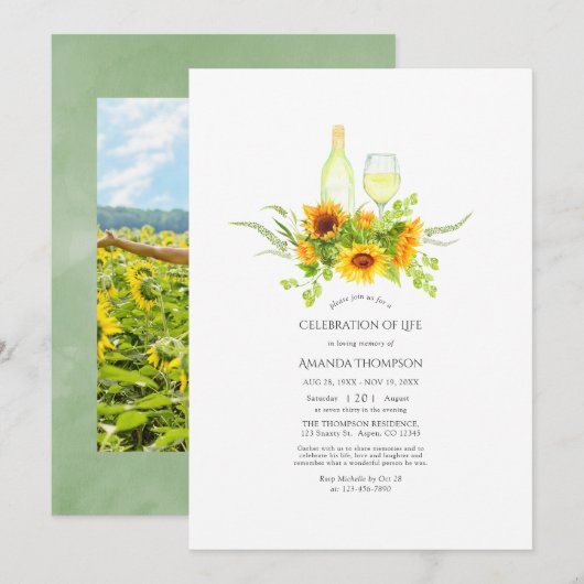 Invitation Aquarelle Sunflower Vin Célébration de la vie dans (Devant / Derrière)