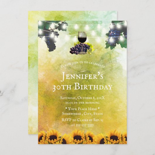 Invitation Aquarelle Sunflowers Vignoble Vin 30e anniversaire (Devant / Derrière)