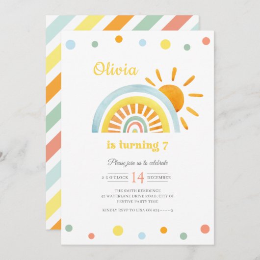Invitation Aquarelle Sunny Boho Anniversaire de enfant arc-en (Devant / Derrière)