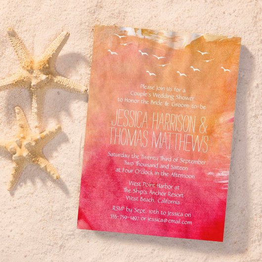 Invitation Aquarelle Sunset Beach Couple Wedding shower