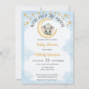 Invitation Aquarelle sur le Baby shower d'éléphant de la lune