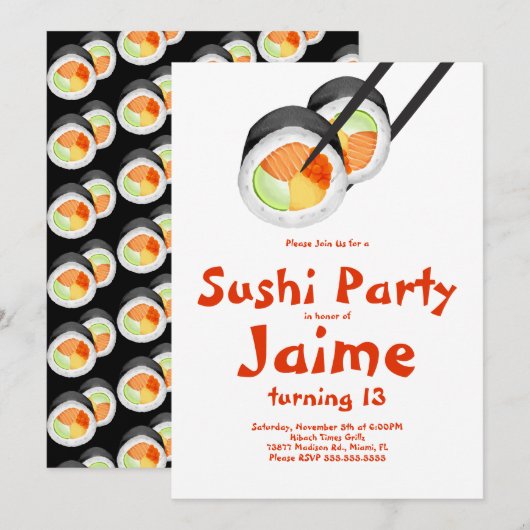 Invitation Aquarelle Sushi Rolls Ado Anniversaire Hibachi (Devant / Derrière)