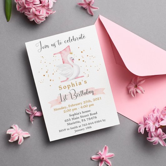 Invitation Aquarelle Swan Princesse 1er anniversaire