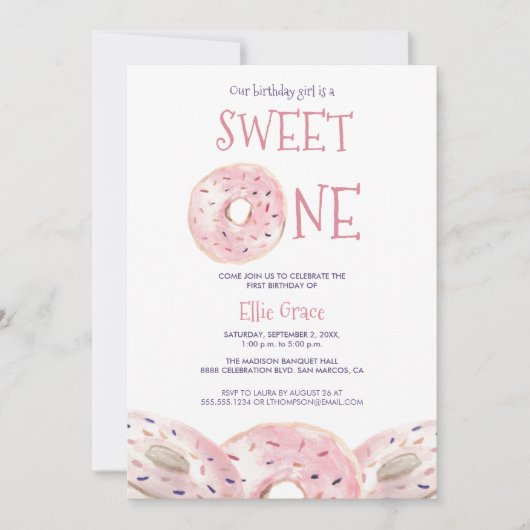 Invitation Aquarelle Sweet One Donut thème 1er anniversaire B (Devant)