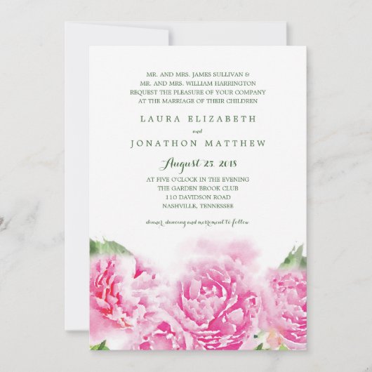 Invitation Aquarelle Sweet Pink Peonies | Mariage (Devant)
