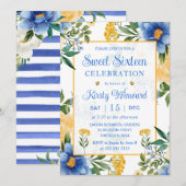 Invitation Aquarelle Sweet sixteen bleu et jaune (Devant / Derrière)
