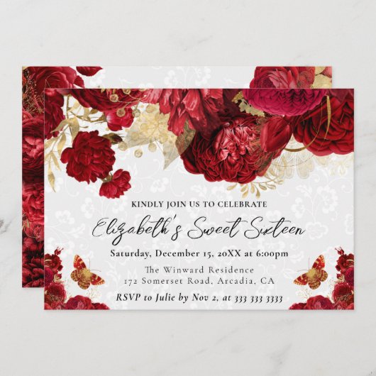 Invitation Aquarelle Sweet sixteen de fleurs rouge et or (Devant / Derrière)