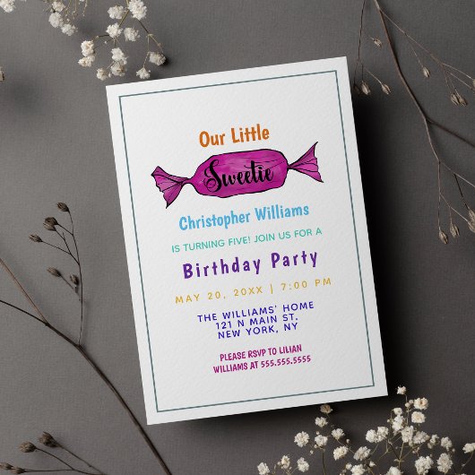 Invitation Aquarelle Sweetie Colorée Bonbons fête d'anniversa