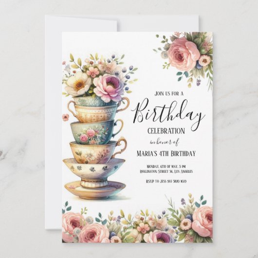 Invitation Aquarelle Tea Party Cute Anniversaire de enfant In (Devant)