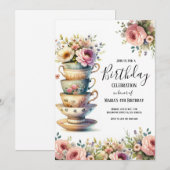 Invitation Aquarelle Tea Party Cute Anniversaire de enfant In (Devant / Derrière)