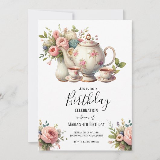 Invitation Aquarelle Tea Party Cute Anniversaire de enfant In (Devant)