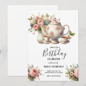 Invitation Aquarelle Tea Party Cute Anniversaire de enfant In (Devant / Derrière)