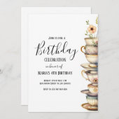 Invitation Aquarelle Tea Party Cute Cups Anniversaire Invitat (Devant / Derrière)