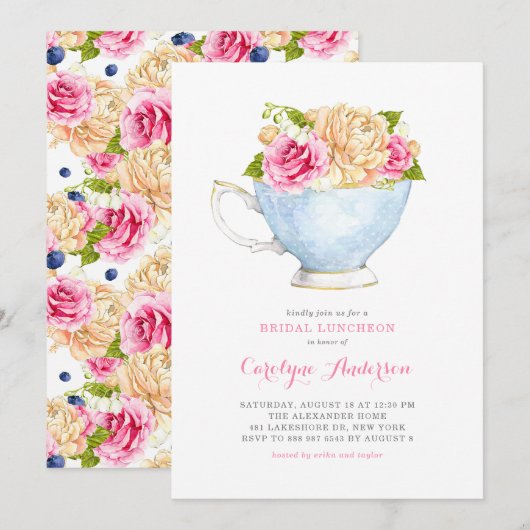 Invitation Aquarelle Teacup Bouquet Fleurs Déjeuner nuptial (Devant / Derrière)