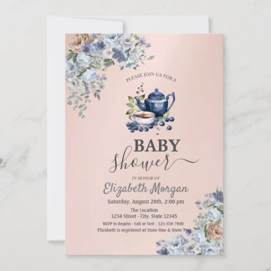 Invitation Aquarelle Teapot Blueberry Floral Baby shower (Devant)