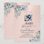 Invitation Aquarelle Teapot Blueberry Floral Baby shower (Devant / Derrière)