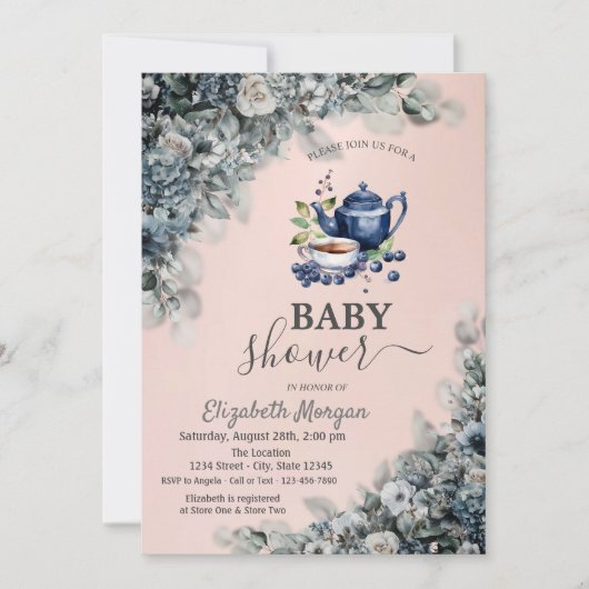 Invitation Aquarelle Teapot Blueberry Flowers Baby shower (Devant)