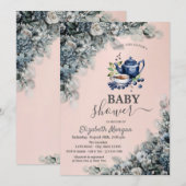 Invitation Aquarelle Teapot Blueberry Flowers Baby shower (Devant / Derrière)