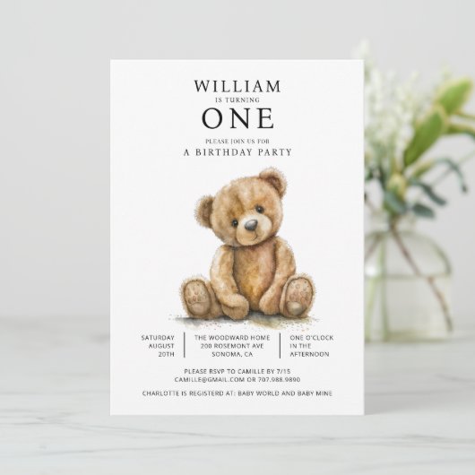 Invitation Aquarelle Teddy Bear 1ère fête d'anniversaire (Debout devant)