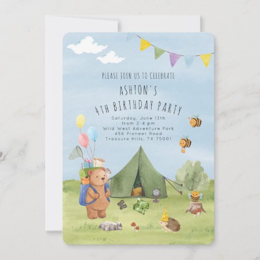 Invitation Aquarelle Teddy Bear, Aventure anniversaire (Devant)