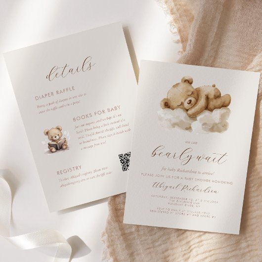 Invitation Aquarelle Teddy Bear Baby shower beige tout-en-un