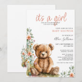 Invitation Aquarelle Teddy Bear Baby shower fille (Devant / Derrière)